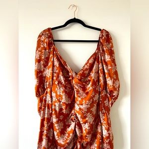 Rust Orange Floral Puff Sleeve Bodycon Midi Dress Size 12 (L)